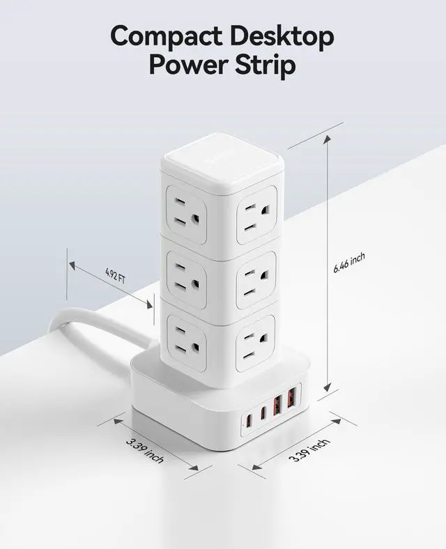 Alt view image 5 of 7 - Tower Power Strip with Surge Protection, Charging Station Tower with 12 AC Outlets 4 USB Ports (2 USB C), Space Saving Design, 5FT Tower Extension Cord for Home, Office, Dorm - TPP20