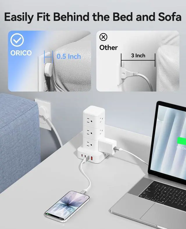 Alt view image 6 of 7 - Tower Power Strip with Surge Protection, Charging Station Tower with 12 AC Outlets 4 USB Ports (2 USB C), Space Saving Design, 5FT Tower Extension Cord for Home, Office, Dorm - TPP20