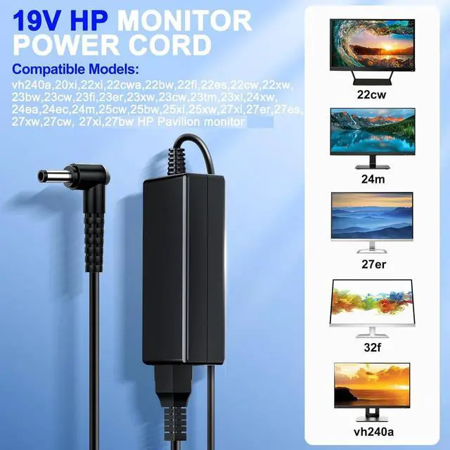 Alt view image 3 of 7 - for HP Monitor Power Cord 27" 25" 23.8" 23" 21.5" 20" 19V Power Supply for HP Monitor 22cwa 24m 23er 23es 27eb 32f vh240a 24ea 27 25vx ADPC1945 IPS LED Backlit Full HD Display