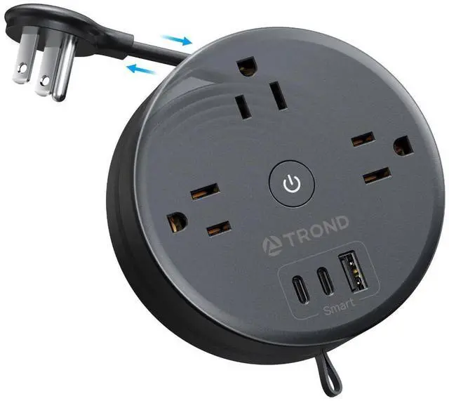 Main image of Retractable Extension Cord Power Strip - Travel Power Strip with 3 AC Outlets 3 USB Ports (2 USB C), Ultra Thin Flat Plug 5ft, Cruise Ship Essentials, for Home Hotel Dorm Room, Black
