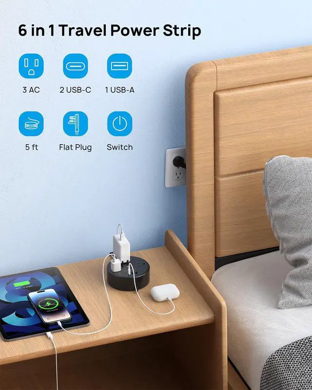Alt view image 2 of 7 - Retractable Extension Cord Power Strip - Travel Power Strip with 3 AC Outlets 3 USB Ports (2 USB C), Ultra Thin Flat Plug 5ft, Cruise Ship Essentials, for Home Hotel Dorm Room, Black