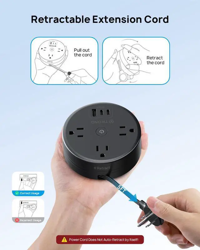 Alt view image 3 of 7 - Retractable Extension Cord Power Strip - Travel Power Strip with 3 AC Outlets 3 USB Ports (2 USB C), Ultra Thin Flat Plug 5ft, Cruise Ship Essentials, for Home Hotel Dorm Room, Black