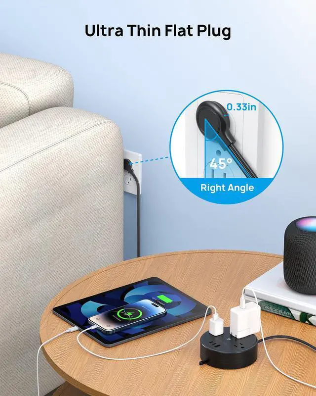 Alt view image 4 of 7 - Retractable Extension Cord Power Strip - Travel Power Strip with 3 AC Outlets 3 USB Ports (2 USB C), Ultra Thin Flat Plug 5ft, Cruise Ship Essentials, for Home Hotel Dorm Room, Black