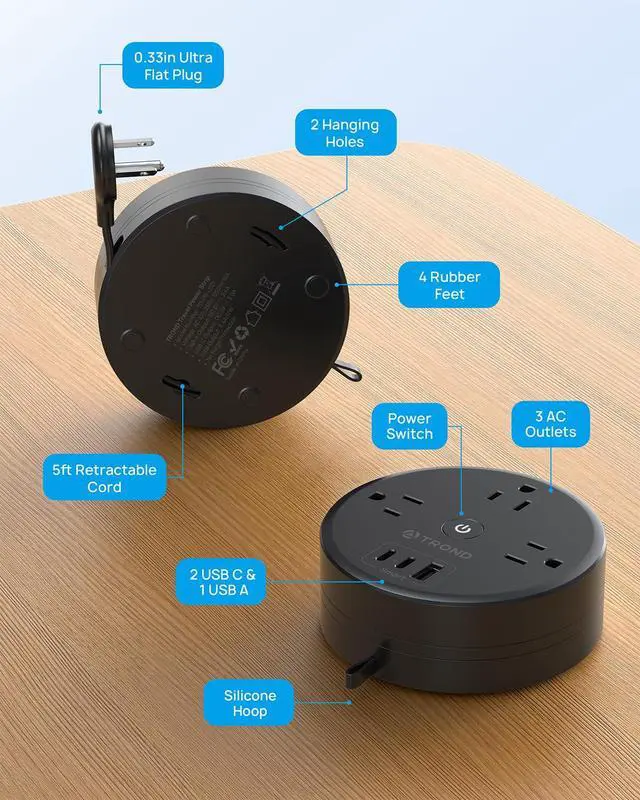 Alt view image 7 of 7 - Retractable Extension Cord Power Strip - Travel Power Strip with 3 AC Outlets 3 USB Ports (2 USB C), Ultra Thin Flat Plug 5ft, Cruise Ship Essentials, for Home Hotel Dorm Room, Black
