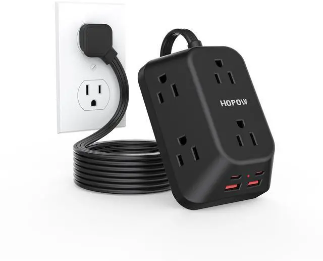Main image of Surge Protector Power Strip, 6FT Flat Plug Extension Cord with 6 Outlets and 4 USB Ports (2 USB-C), 3-Sided Multi Outlet Extender, 1050J Charging Station for Home Office Dorm, Black