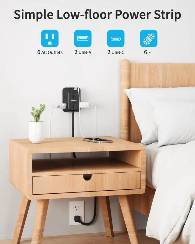Alt view image 2 of 7 - Surge Protector Power Strip, 6FT Flat Plug Extension Cord with 6 Outlets and 4 USB Ports (2 USB-C), 3-Sided Multi Outlet Extender, 1050J Charging Station for Home Office Dorm, Black