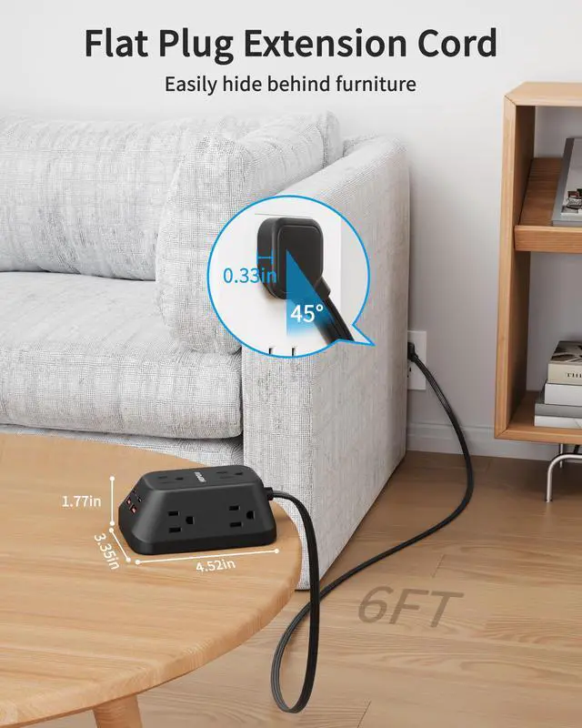 Alt view image 4 of 7 - Surge Protector Power Strip, 6FT Flat Plug Extension Cord with 6 Outlets and 4 USB Ports (2 USB-C), 3-Sided Multi Outlet Extender, 1050J Charging Station for Home Office Dorm, Black