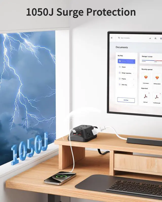 Alt view image 6 of 7 - Surge Protector Power Strip, 6FT Flat Plug Extension Cord with 6 Outlets and 4 USB Ports (2 USB-C), 3-Sided Multi Outlet Extender, 1050J Charging Station for Home Office Dorm, Black
