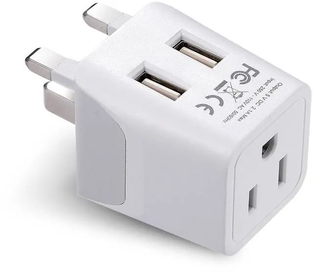 Main image of UK adapters for Travel to London, Hong Kong, Ireland - Dual USB-A & USA Input - Type G Adapter Grounded - Ideal for Phone, Laptop, Cameras