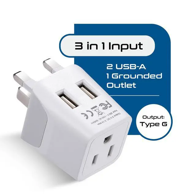 Alt view image 2 of 7 - UK adapters for Travel to London, Hong Kong, Ireland - Dual USB-A & USA Input - Type G Adapter Grounded - Ideal for Phone, Laptop, Cameras