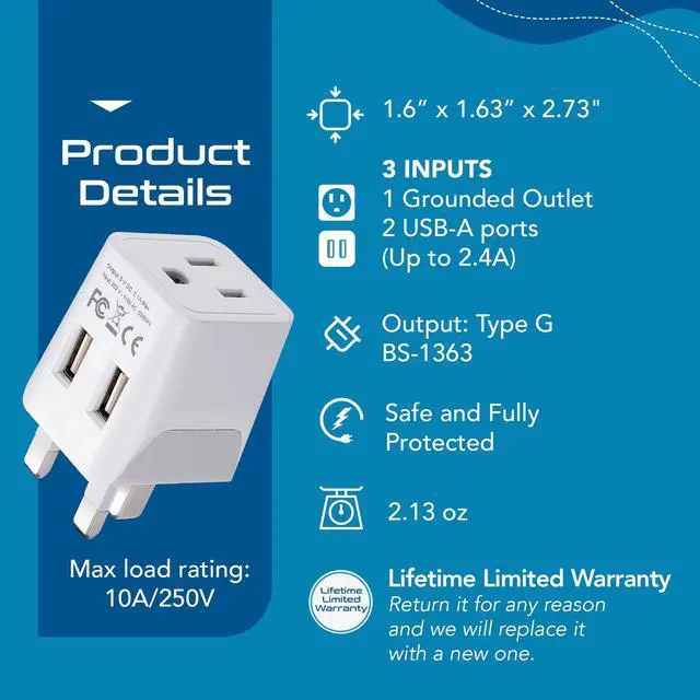 Alt view image 4 of 7 - UK adapters for Travel to London, Hong Kong, Ireland - Dual USB-A & USA Input - Type G Adapter Grounded - Ideal for Phone, Laptop, Cameras