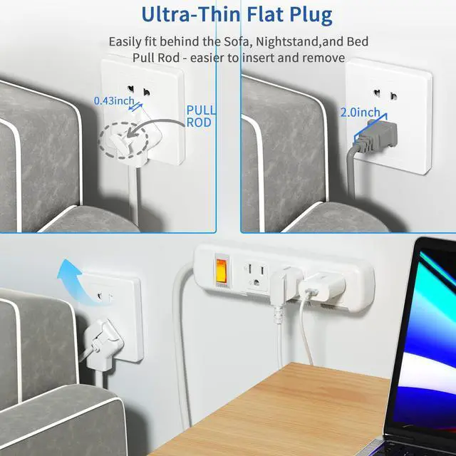Alt view image 2 of 6 - Flat Plug Power Strip Surge Protector 3 Outlets, Extension Cord 3 ft 3 Prong, 300J, 10A/1250W, Overload Protection Switch, Plug Strip for Home Office, Child Safety Slide Outlet Covers, SGS Approved