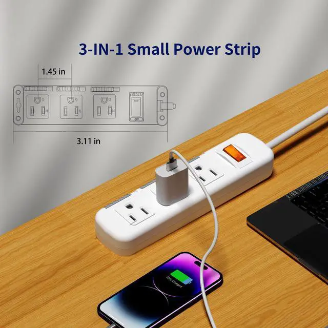 Alt view image 3 of 6 - Flat Plug Power Strip Surge Protector 3 Outlets, Extension Cord 3 ft 3 Prong, 300J, 10A/1250W, Overload Protection Switch, Plug Strip for Home Office, Child Safety Slide Outlet Covers, SGS Approved