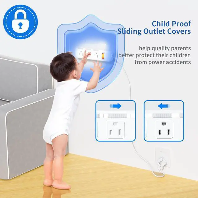 Alt view image 4 of 6 - Flat Plug Power Strip Surge Protector 3 Outlets, Extension Cord 3 ft 3 Prong, 300J, 10A/1250W, Overload Protection Switch, Plug Strip for Home Office, Child Safety Slide Outlet Covers, SGS Approved