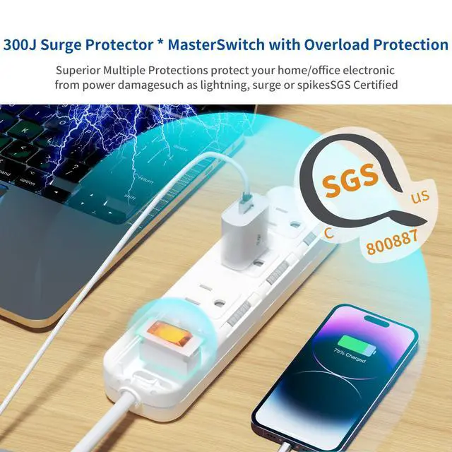 Alt view image 5 of 6 - Flat Plug Power Strip Surge Protector 3 Outlets, Extension Cord 3 ft 3 Prong, 300J, 10A/1250W, Overload Protection Switch, Plug Strip for Home Office, Child Safety Slide Outlet Covers, SGS Approved