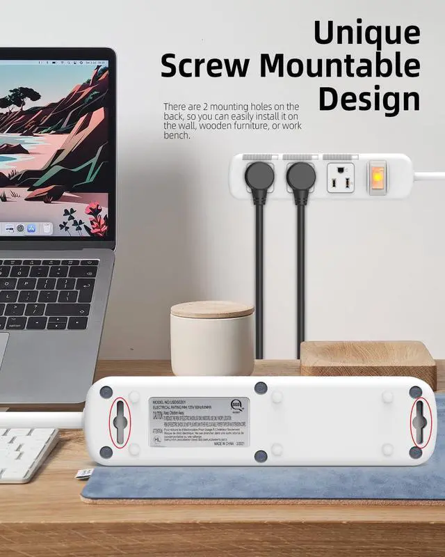 Alt view image 6 of 6 - Flat Plug Power Strip Surge Protector 3 Outlets, Extension Cord 3 ft 3 Prong, 300J, 10A/1250W, Overload Protection Switch, Plug Strip for Home Office, Child Safety Slide Outlet Covers, SGS Approved