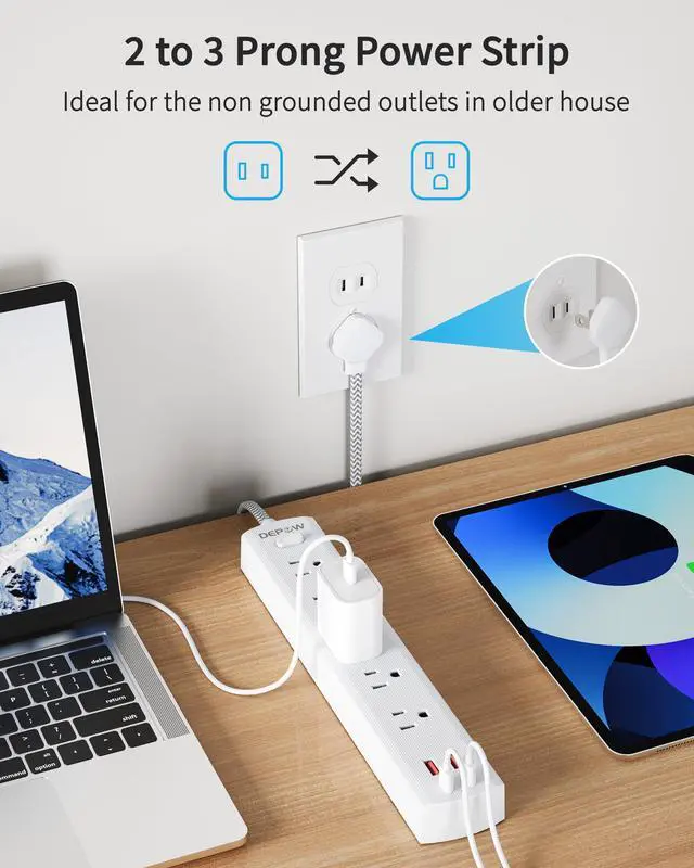 Alt view image 2 of 7 - 2 Prong Power Strip, 2 to 3 Prong Outlet Adapter with 5 AC & 4 USB Ports (2 USB C), 5FT Braided Cord, 1700J Two Prong Surge Protector, Wall Mountable, Ideal for Old House Non-Grounded Outlets