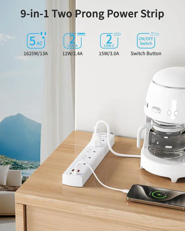 Alt view image 3 of 7 - 2 Prong Power Strip, 2 to 3 Prong Outlet Adapter with 5 AC & 4 USB Ports (2 USB C), 5FT Braided Cord, 1700J Two Prong Surge Protector, Wall Mountable, Ideal for Old House Non-Grounded Outlets