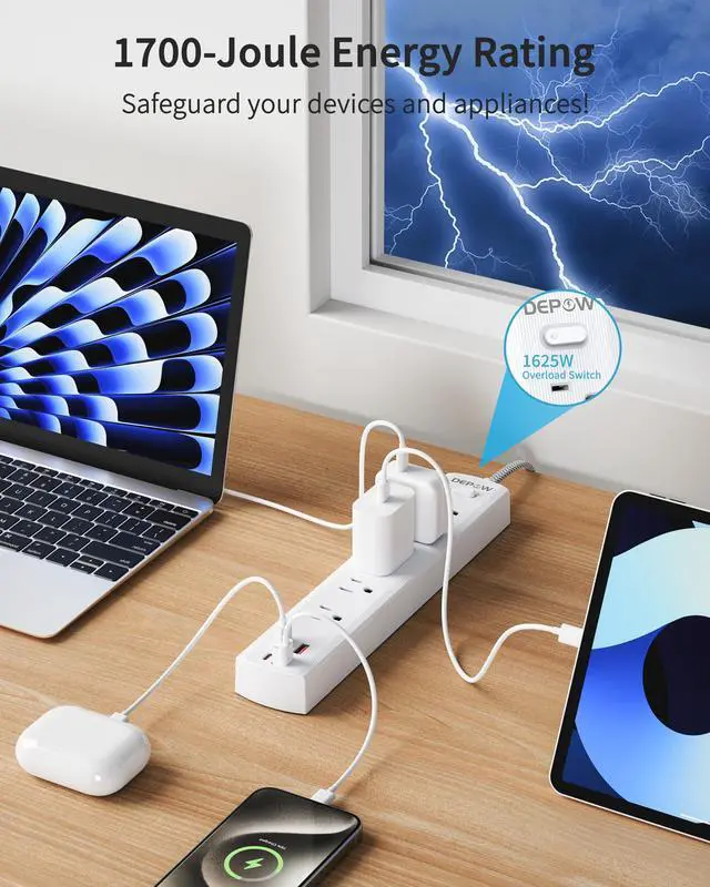 Alt view image 4 of 7 - 2 Prong Power Strip, 2 to 3 Prong Outlet Adapter with 5 AC & 4 USB Ports (2 USB C), 5FT Braided Cord, 1700J Two Prong Surge Protector, Wall Mountable, Ideal for Old House Non-Grounded Outlets