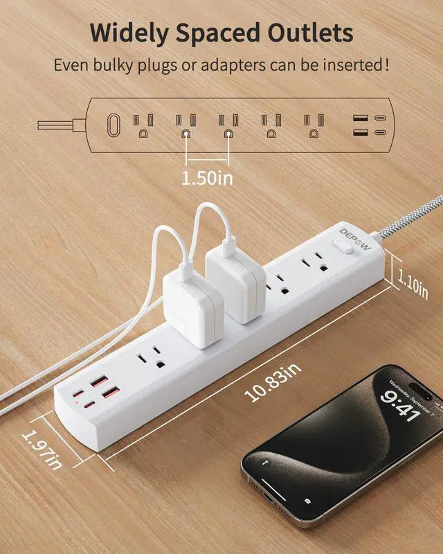 Alt view image 6 of 7 - 2 Prong Power Strip, 2 to 3 Prong Outlet Adapter with 5 AC & 4 USB Ports (2 USB C), 5FT Braided Cord, 1700J Two Prong Surge Protector, Wall Mountable, Ideal for Old House Non-Grounded Outlets