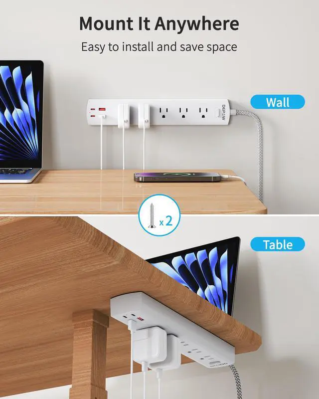 Alt view image 7 of 7 - 2 Prong Power Strip, 2 to 3 Prong Outlet Adapter with 5 AC & 4 USB Ports (2 USB C), 5FT Braided Cord, 1700J Two Prong Surge Protector, Wall Mountable, Ideal for Old House Non-Grounded Outlets
