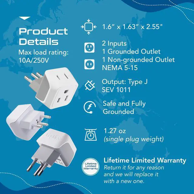 Alt view image 3 of 7 - Switzerland Travel Adapter Plug with Dual USA Input - Power - Type J (3 Pack) - Ultra Compact - Safe Grounded Perfect for Cell Phones, Laptops, Camera Chargers and More (CT-11A)