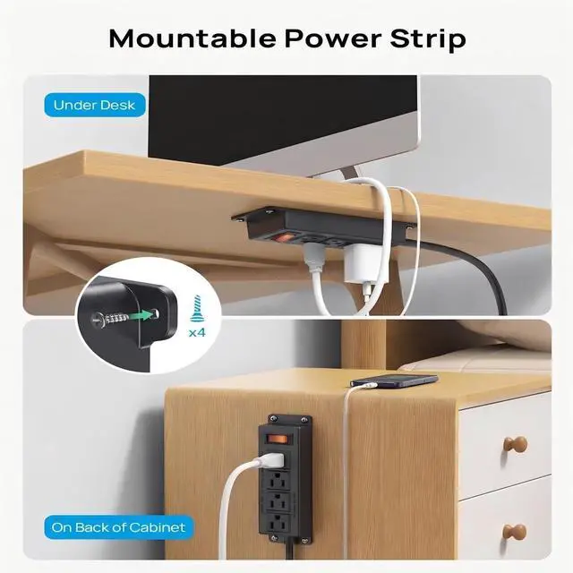Alt view image 2 of 5 - Mountable Furniture Power Strip with 4 Outlets, Wall Mount Under Desk Mounted Power Unit with 10ft Cord, Flat Plug Outlet for Desk, Cabinet, Workbench or Office Applications, Black