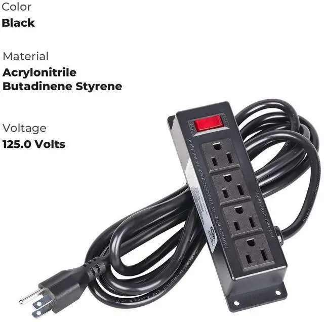 Alt view image 3 of 5 - Mountable Furniture Power Strip with 4 Outlets, Wall Mount Under Desk Mounted Power Unit with 10ft Cord, Flat Plug Outlet for Desk, Cabinet, Workbench or Office Applications, Black