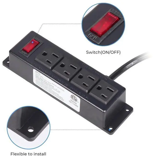 Alt view image 5 of 5 - Mountable Furniture Power Strip with 4 Outlets, Wall Mount Under Desk Mounted Power Unit with 10ft Cord, Flat Plug Outlet for Desk, Cabinet, Workbench or Office Applications, Black