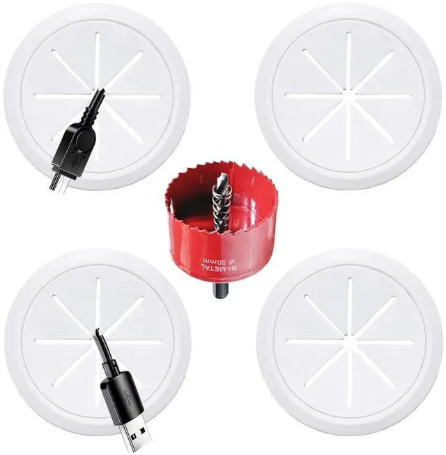 Main image of 4 Pack TV Wire Hider for Wall, 1.97 Inch (50mm Hole) Cord Hider in Wall Cable Management Kit, Includes 4 Pass Throughs and 1 Hole Saw Drill Attachment Easy to Install