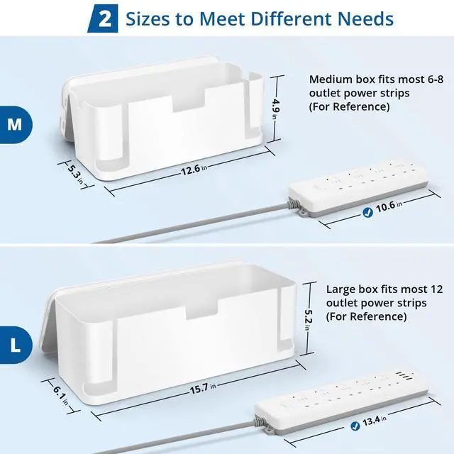 Alt view image 2 of 7 - Cable Management Box White, 2Pack Cord Organizer Box - Extra Large and Medium Size, Cord Hider Box to Conceal Power Strips on Desk or Floor, Made from Electrically Safe ABS Material