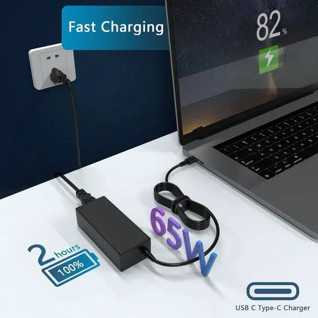 Alt view image 2 of 7 - Replacement for 65W Dell Laptop Charger USB-C;Compatible with Dell Latitude/Chromebook/XPS 65 Watt USB Type C AC Power Adapter Cord