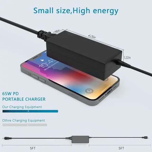 Alt view image 3 of 7 - Replacement for 65W Dell Laptop Charger USB-C;Compatible with Dell Latitude/Chromebook/XPS 65 Watt USB Type C AC Power Adapter Cord