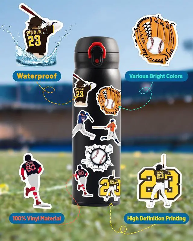 Alt view image 4 of 6 - 100 Pcs Sport Stickers for Kids, Baseball Water Bottle Stickers, Vinyl Waterproof Laptop Sticker for Water Bottle, Bulk Sticker Packs for Boys Kids Classroom Prizes for Elementary Students