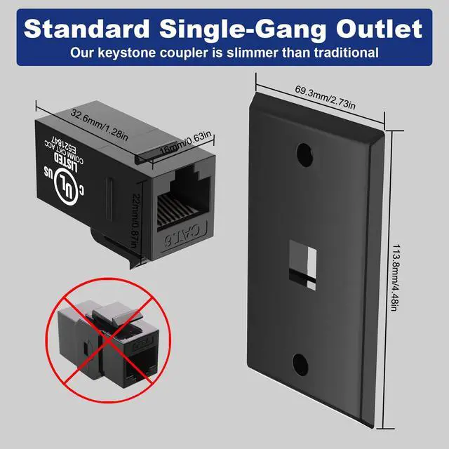 Alt view image 5 of 7 - UL Listed Ethernet Wall Plate, CAT6 Wall Plate and Jack, RJ45 Keystone Inline Coupler with Keystone Ethernet Outlet, Black 2-Pack
