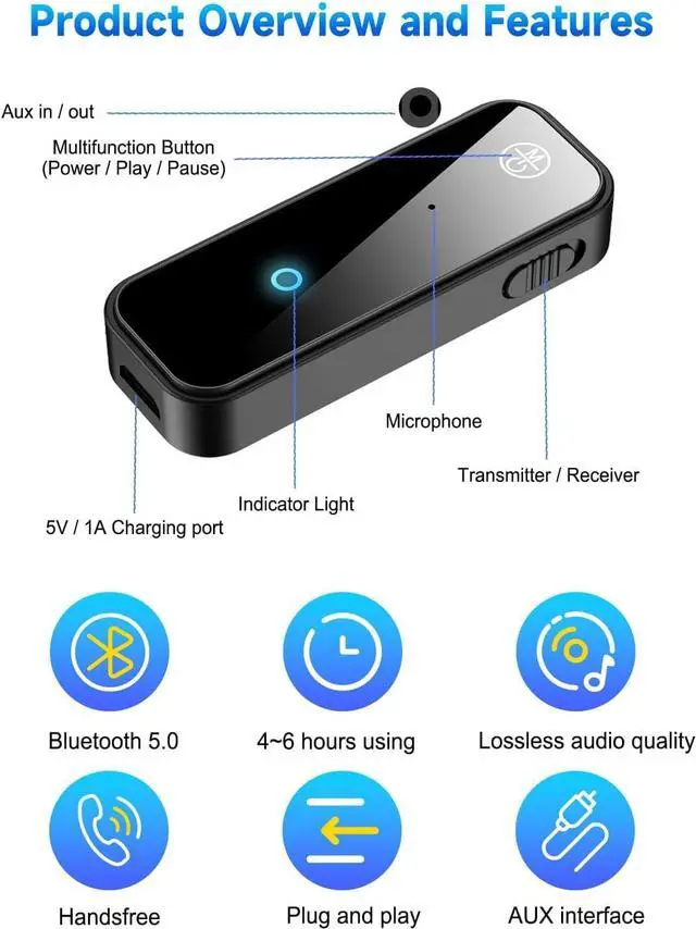 Alt view image 6 of 7 - 2 in 1 Bluetooth 5.3 Transmitter Receiver, AUX Wireless Bluetooth Audio Adapter for Car, TV, Speaker, Stereo System and Headphones