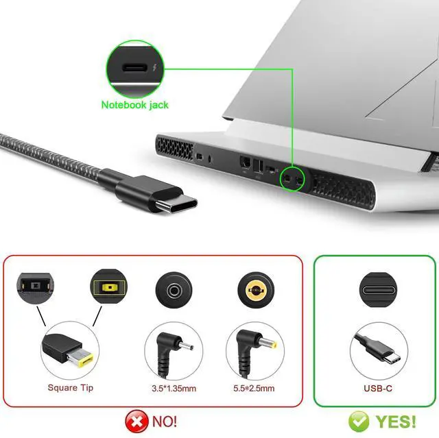 Alt view image 2 of 7 - 65W Watt USB Type C AC Power Adapter Compatible with Dell Laptop Charger Latitude 3340 3440 3540 5340 5440 5540 7340 7440 7640 9440 2in1 XPS 12 13 and Chromebook 3100 with Braided Cable
