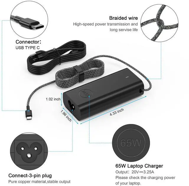 Alt view image 3 of 7 - 65W Watt USB Type C AC Power Adapter Compatible with Dell Laptop Charger Latitude 3340 3440 3540 5340 5440 5540 7340 7440 7640 9440 2in1 XPS 12 13 and Chromebook 3100 with Braided Cable
