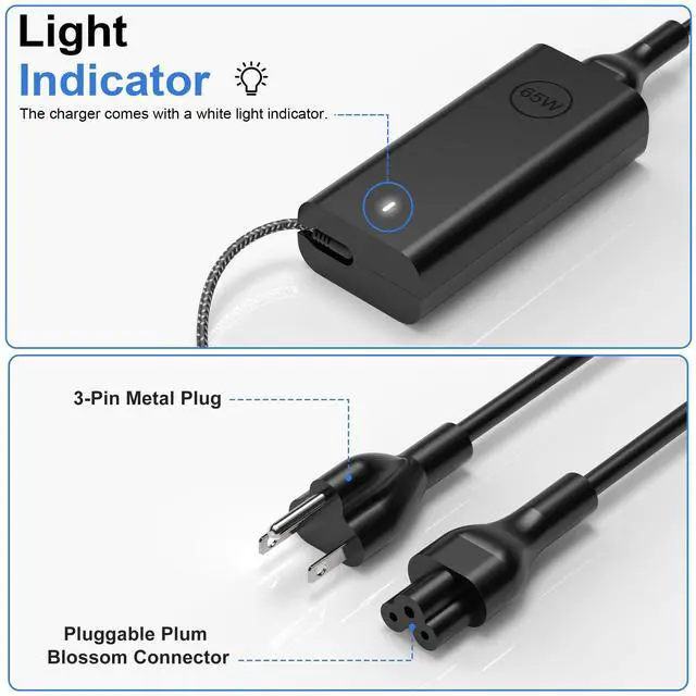Alt view image 5 of 7 - 65W Watt USB Type C AC Power Adapter Compatible with Dell Laptop Charger Latitude 3340 3440 3540 5340 5440 5540 7340 7440 7640 9440 2in1 XPS 12 13 and Chromebook 3100 with Braided Cable