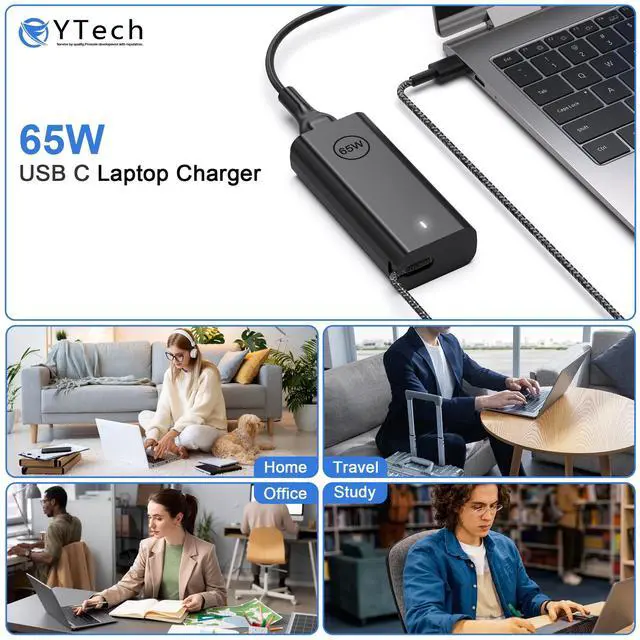 Alt view image 6 of 7 - 65W Watt USB Type C AC Power Adapter Compatible with Dell Laptop Charger Latitude 3340 3440 3540 5340 5440 5540 7340 7440 7640 9440 2in1 XPS 12 13 and Chromebook 3100 with Braided Cable