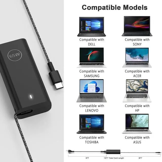 Alt view image 7 of 7 - 65W Watt USB Type C AC Power Adapter Compatible with Dell Laptop Charger Latitude 3340 3440 3540 5340 5440 5540 7340 7440 7640 9440 2in1 XPS 12 13 and Chromebook 3100 with Braided Cable