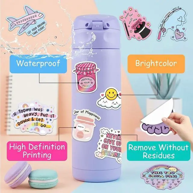 Alt view image 2 of 7 - 200 PCS Motivational Stickers Colorful Aesthetic Inspirational Positive Affirmation Stickers, Waterproof Decals for Water Bottle, Phone, Case, Laptop, Skateboard, Gift Teens, Boys and Girls (200 PCS)