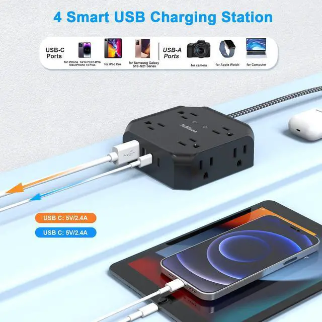 Alt view image 2 of 7 - 10FT Surge Protector Power Strip, Braided Extension Cord, 8 Outlets 4 USB Ports(2 USB C), Flat Plug Power Strip, USB Desktop Charging Station for Office School Travel Dorm Room Essentials