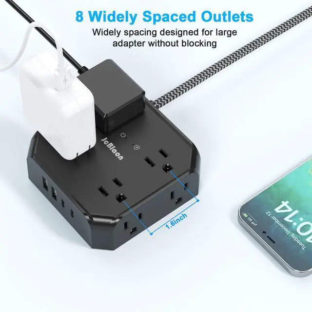 Alt view image 3 of 7 - 10FT Surge Protector Power Strip, Braided Extension Cord, 8 Outlets 4 USB Ports(2 USB C), Flat Plug Power Strip, USB Desktop Charging Station for Office School Travel Dorm Room Essentials