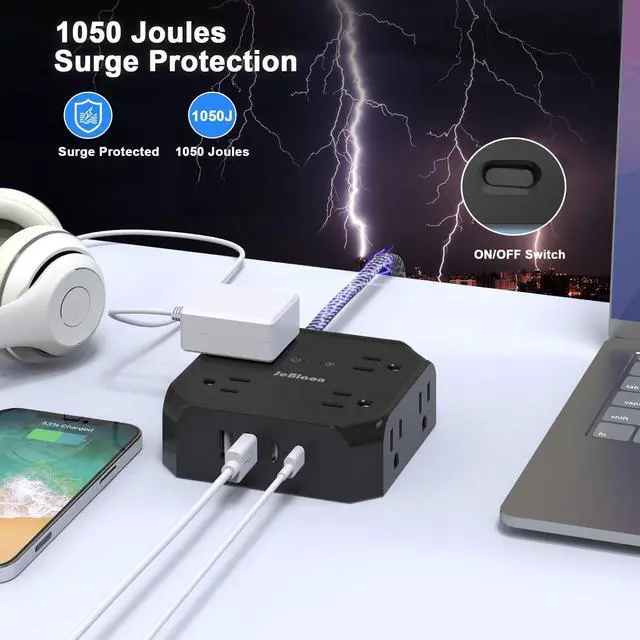 Alt view image 4 of 7 - 10FT Surge Protector Power Strip, Braided Extension Cord, 8 Outlets 4 USB Ports(2 USB C), Flat Plug Power Strip, USB Desktop Charging Station for Office School Travel Dorm Room Essentials