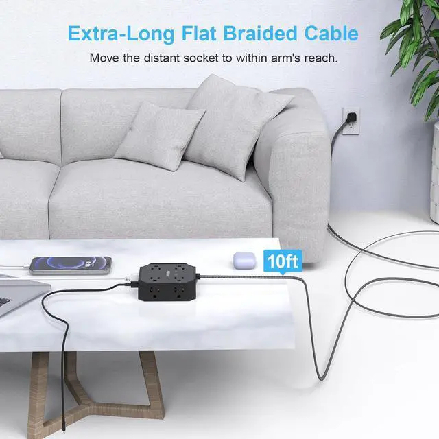 Alt view image 5 of 7 - 10FT Surge Protector Power Strip, Braided Extension Cord, 8 Outlets 4 USB Ports(2 USB C), Flat Plug Power Strip, USB Desktop Charging Station for Office School Travel Dorm Room Essentials