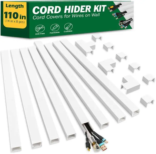 Main image of Cord Hider Kit, 110in Cord Covers for Wires on Wall, Paintable Wire Covers for Cords on Wall, Self-Adhesive Cable Hider Cord Organizer, Wire Hiders, 8X L14in X W0.96in x H0.57in