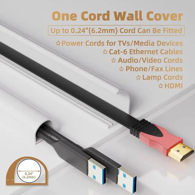 Alt view image 2 of 7 - 78" Side Open One Cord Hider (<1/4") for Wall Mounted Tv,Silicone Flexible Cable Cover to Hide Conceal Cords Along Wall,Wire Raceway Management Cable Concealer Channel,Electric Cord Organizer,White