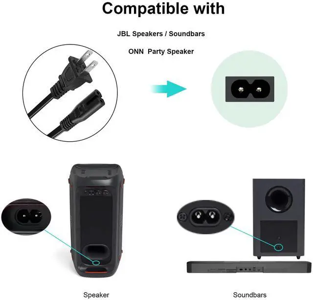 Alt view image 2 of 4 - Power Cord for JBL PartyBox 100 110 200 300 310 710 1000 On-The-Go Speaker, ONN Party Speaker, JBL Soundbar 2 Prong Power Cable Replacement