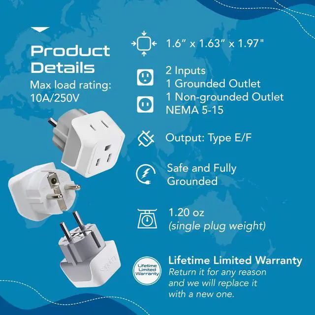 Alt view image 4 of 7 - Schuko Germany, France Plug Adapter, Dual Input - Ultra Compact Light Weight - Usa to Russia, South Korea Travel Adaptor Plug - Type E/F (3 Pack)